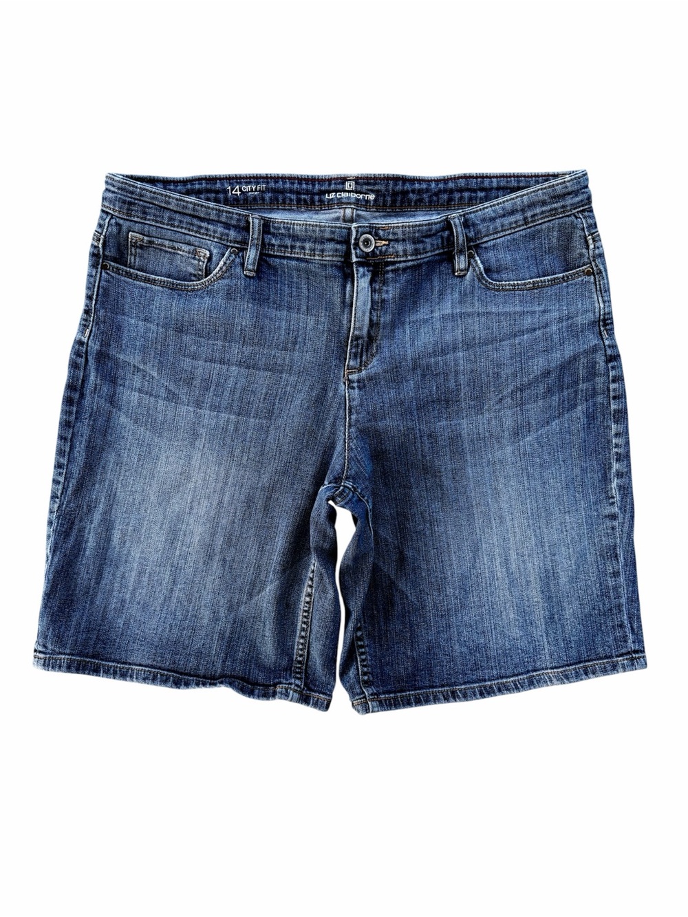 Liz Claiborne City Fit Mid-Rise Stretch Denim Bermuda Jean Shorts ~ Women’s 14